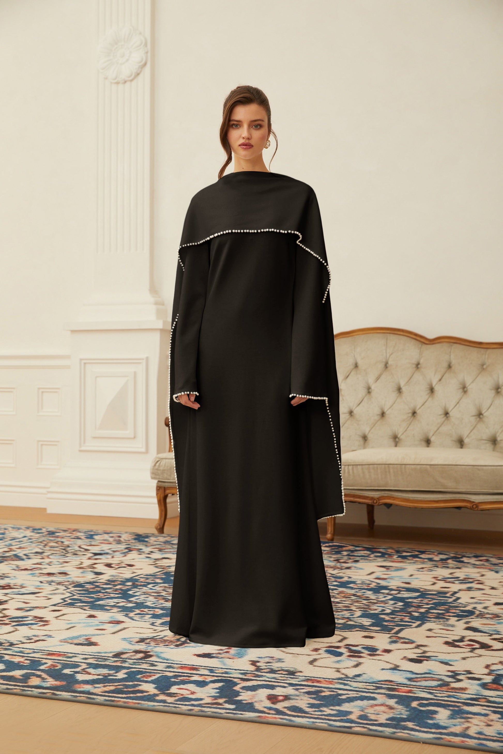 Piroska Black Pearl Trim Shawl Detail Maxi Dress - Montaracrest
