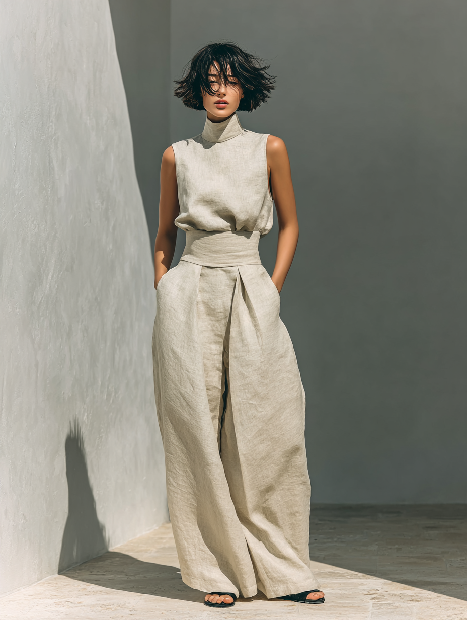 Maria Montaracrest women's minimalist cotton and linen canotta top with wide-leg pants, casual elegant summer outfit.