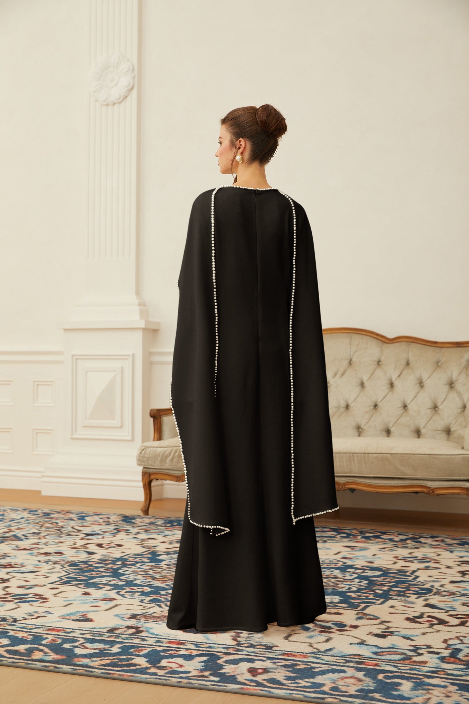 Piroska Black Pearl Trim Shawl Detail Maxi Dress - Montaracrest