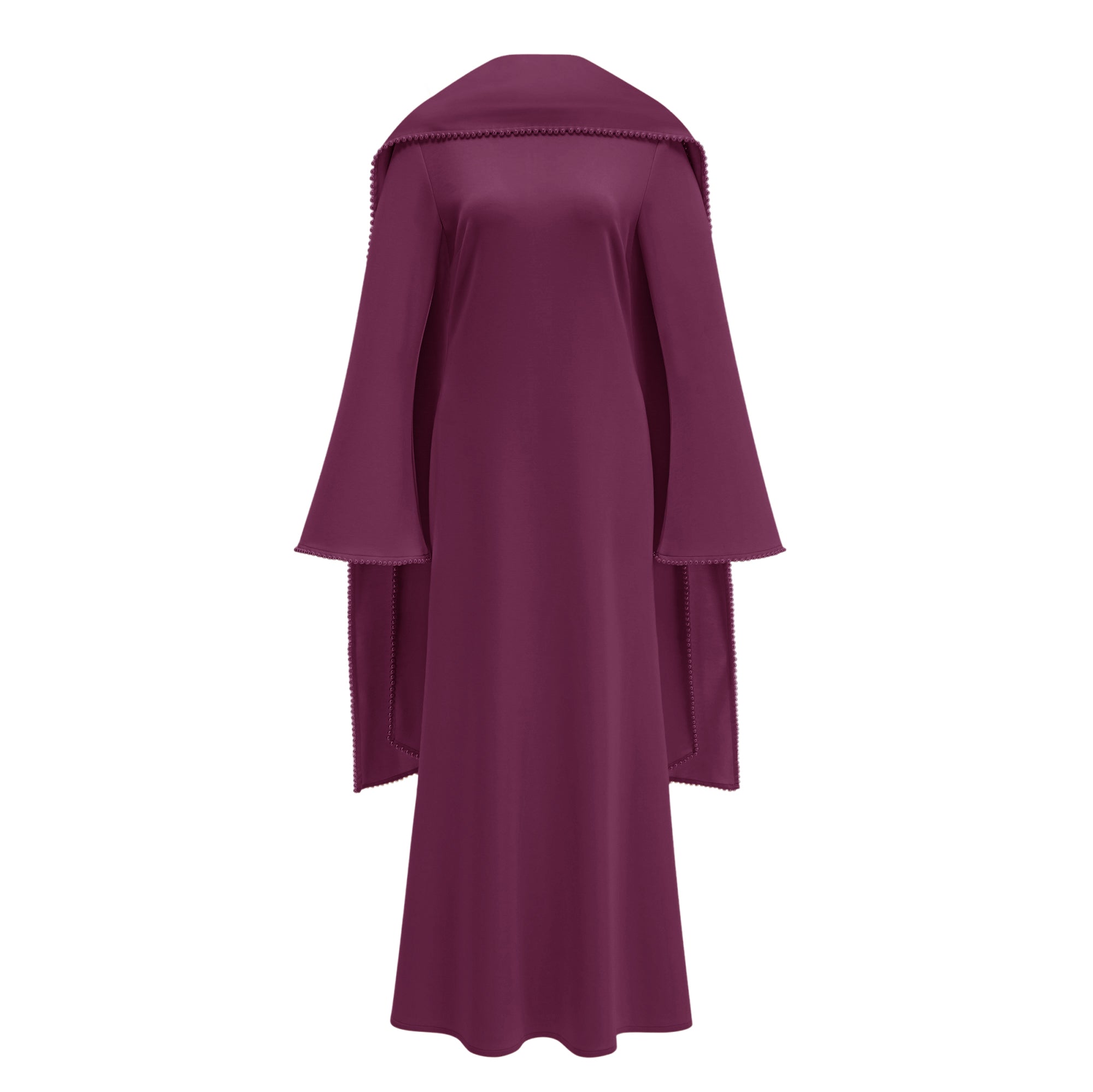 Montaracrest Piroska purple maxi dress with pearl trim and shawl detail, featuring flowing fabric and elegant design.
