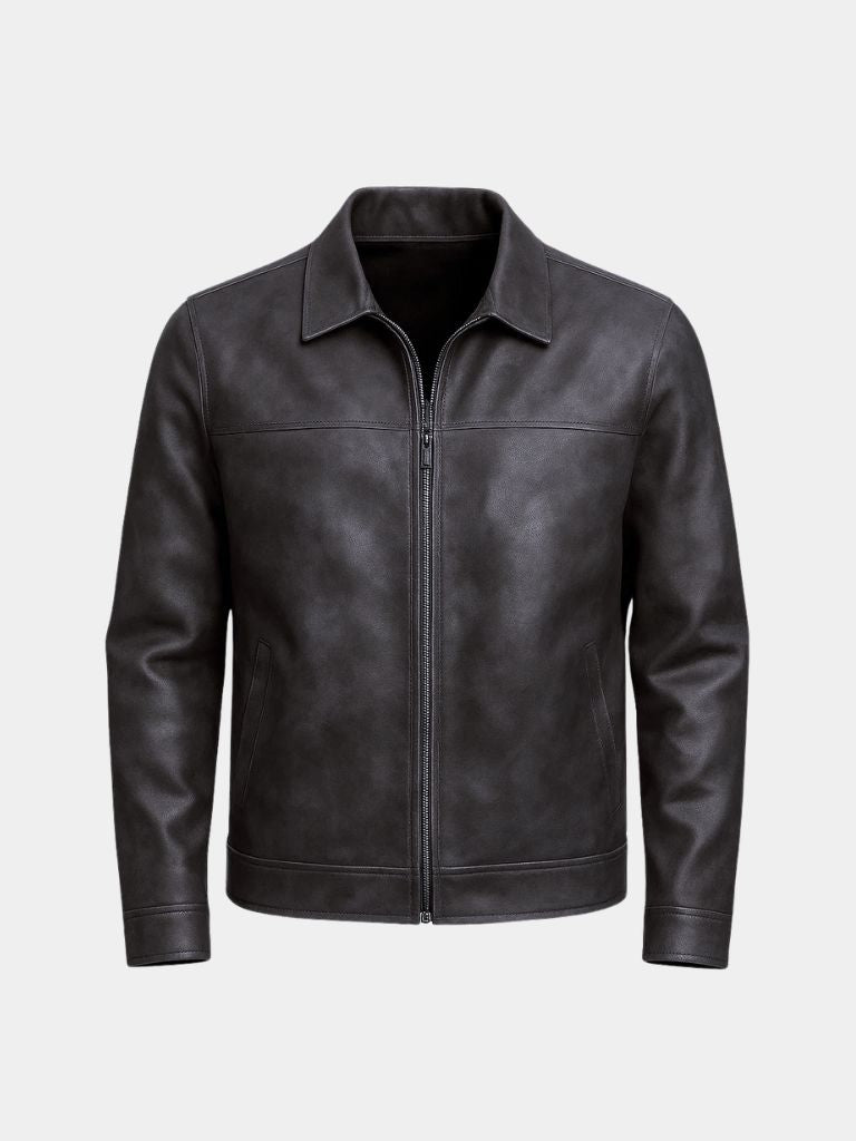Montaracrest Regent Estate leather jacket, stylish and form-fitting, showing a close-up of the black leather exterior with zipper details.