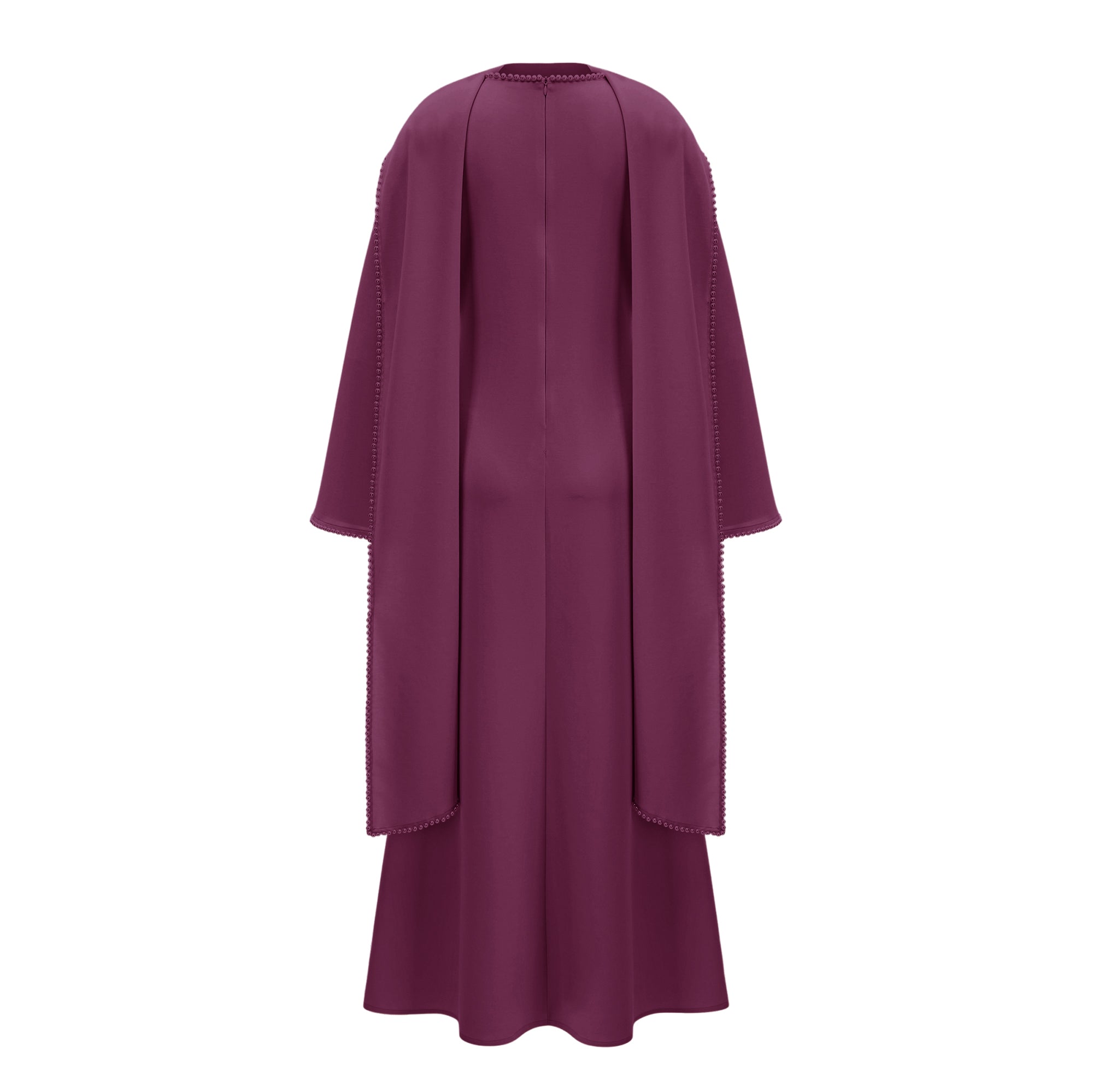 Montaracrest Piroska purple maxi dress with pearl-trim shawl details, flowing fabric and elegant design for formal occasions.
