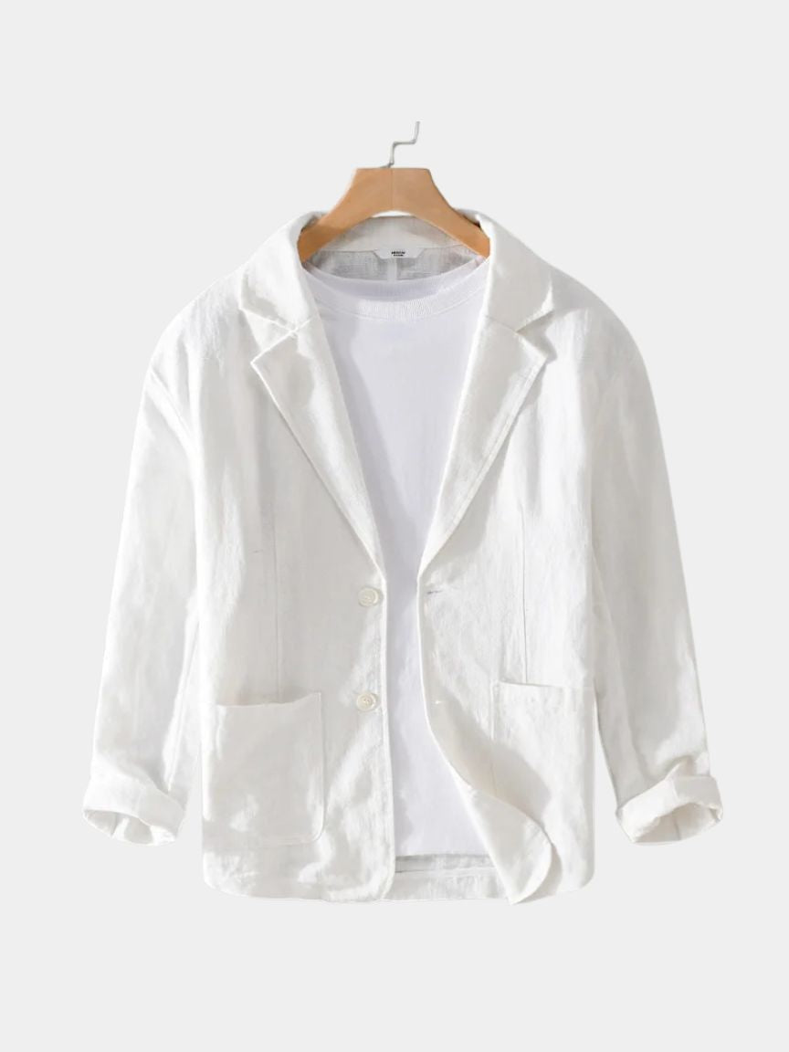 A light beige linen blazer for summer by Montaracrest, featuring a tailored fit and classic lapel design.