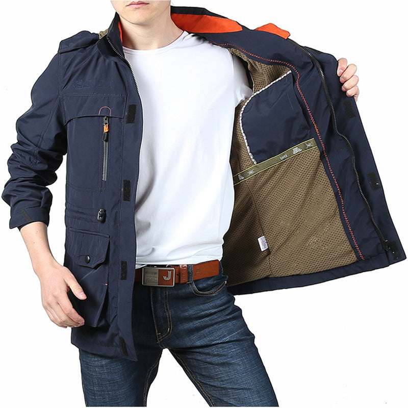 Montara & Crest utility parka with removable hood, featuring durable fabric and multiple pockets for outdoor wear.