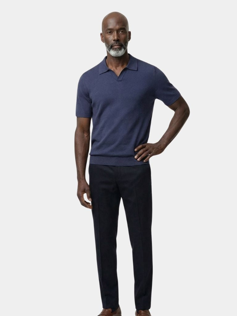 Montaracrest Navy Navy Class Polo with a white collar and logo, a classic short-sleeve polo shirt for men.