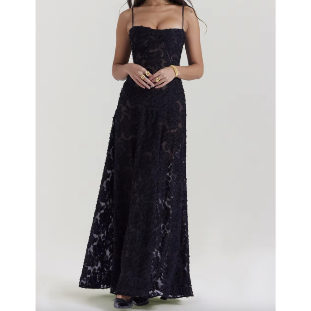 Elegant long evening dress by Montaracrest featuring a flowing silhouette and intricate detailing for special occasions.