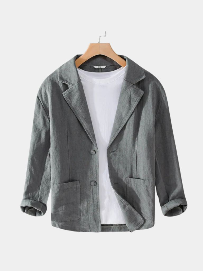 Light beige linen blazer for summer by Montaracrest, a stylish men's blazer with a tailored fit and classic lapels.