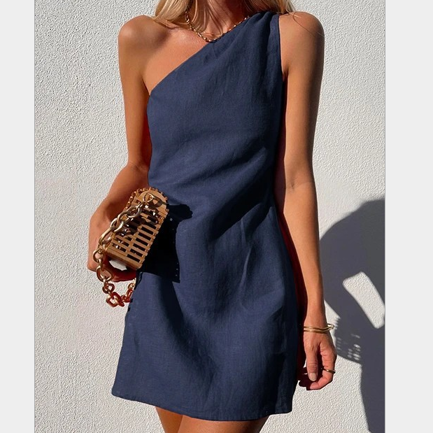Montaracrest mini monospalla linen dress with asymmetric neckline, lightweight and stylish for summer wear.