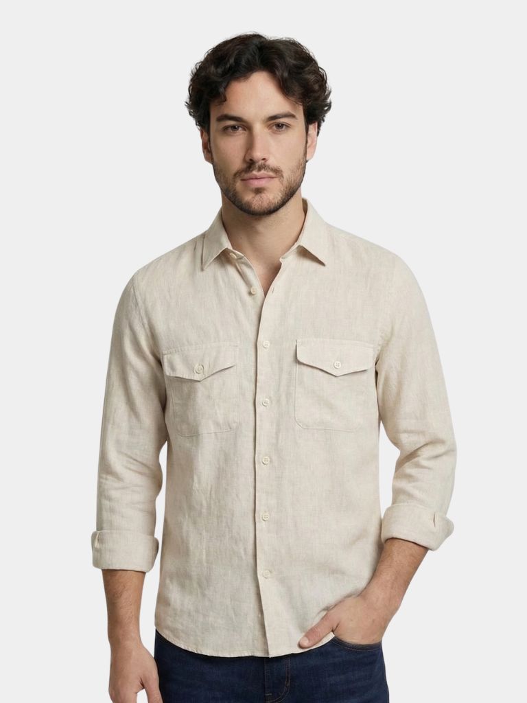 Montaracrest long-sleeve shirt with button-up front and classic collar, in a soft fabric, displayed on a hanger.