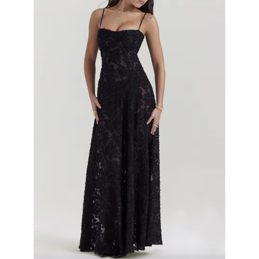 Elegant long gown by Montaracrest featuring a flowing silhouette and intricate detailing for special occasions.