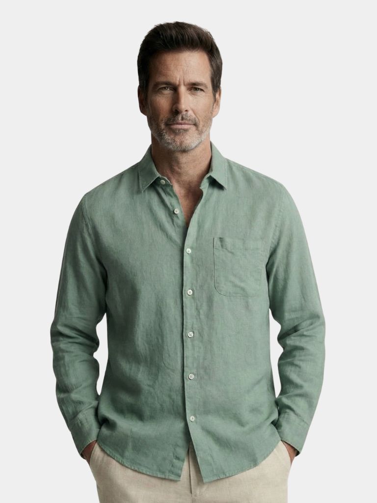 Light beige linen long-sleeve shirt by Montaracrest featuring a classic fit and button-up front.