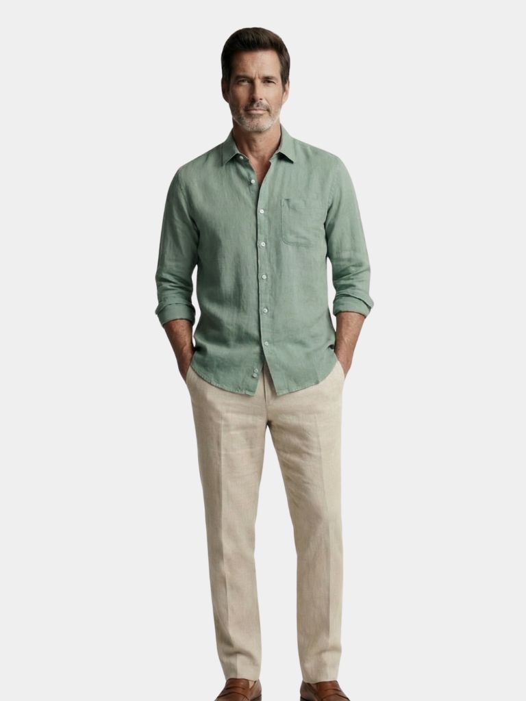 Montaracrest linen long-sleeve shirt featuring a classic fit, lightweight fabric, and a casual, elegant style.