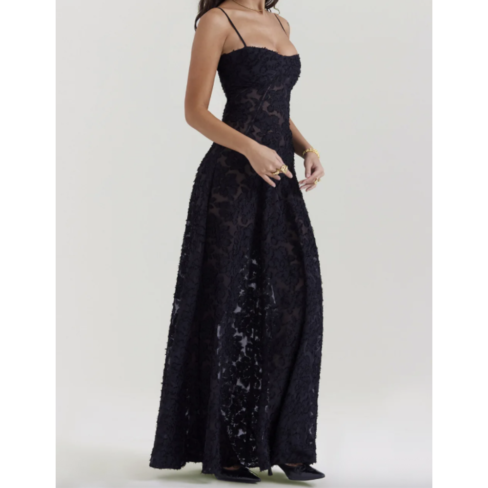 Elegant long evening dress by Montaracrest, featuring a flowing silhouette and intricate detailing for special occasions.