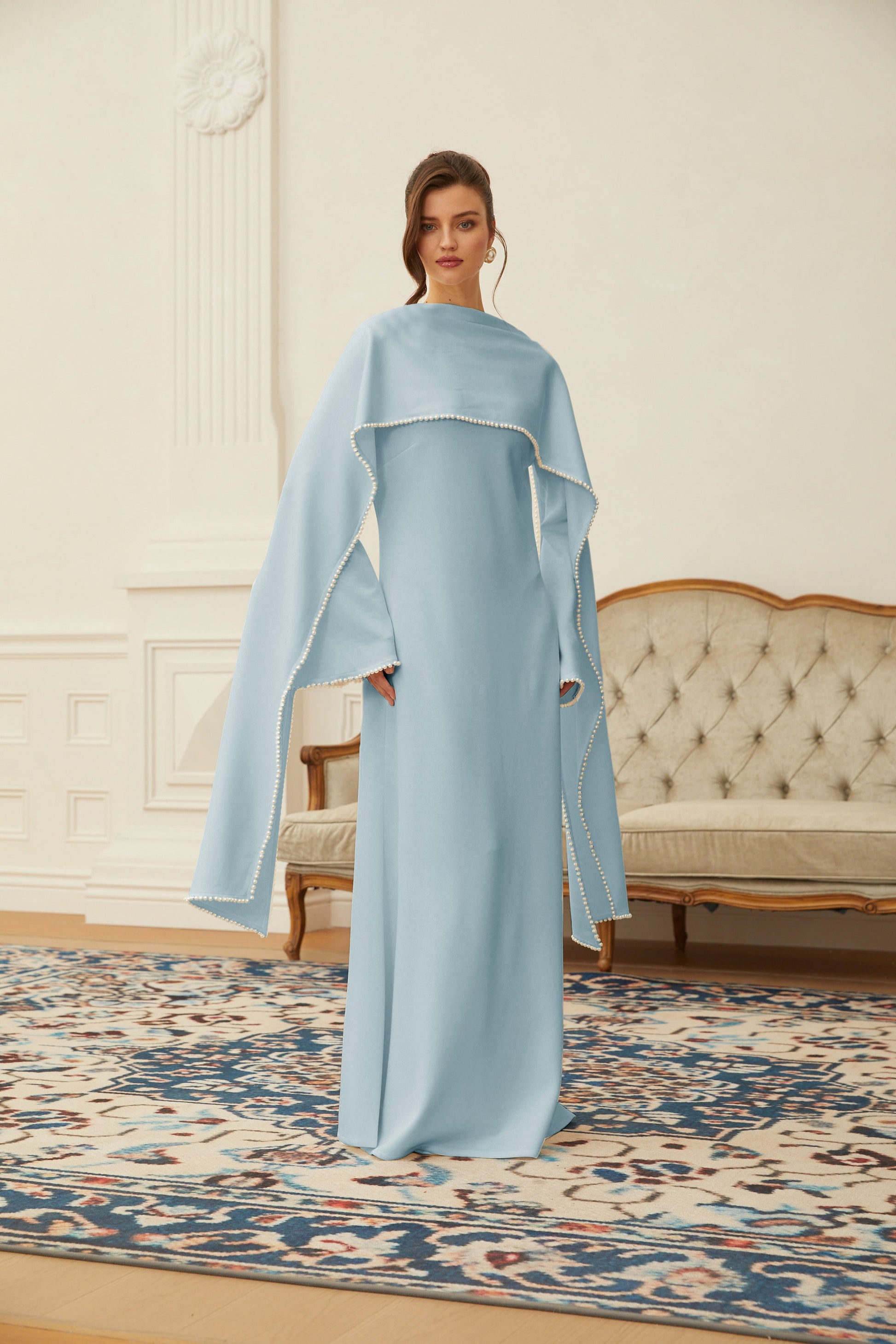 Piroska Blue Pearl Trim Shawl Detail Maxi Dress - Montaracrest