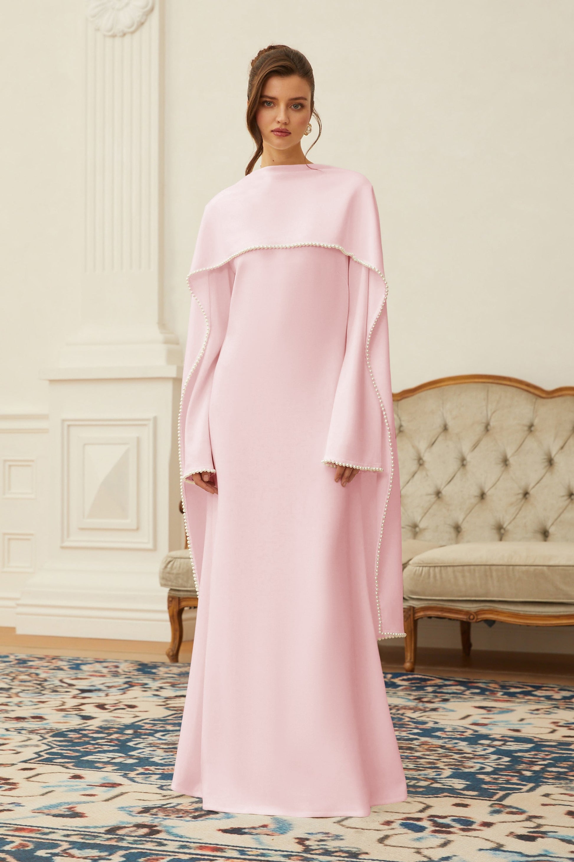 Piroska Pink Pearl Trim Shawl Detail Maxi Dress - Montaracrest
