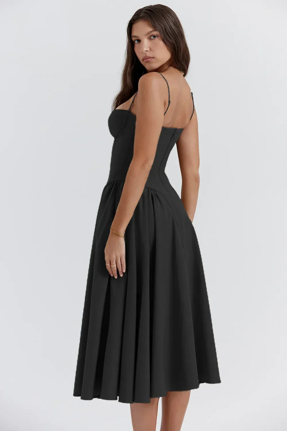 Beige midi pleated dress by Montaracrest featuring a structured bodice and side pockets.