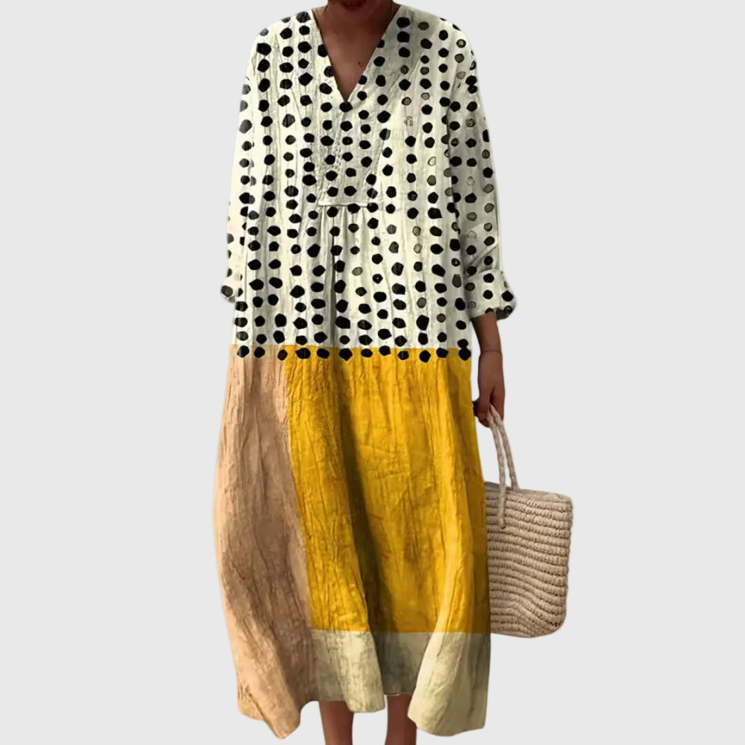 Montaracrest Stephanie midi geometric print dress, stylish robe with a modern, elegant design, shown on a model.