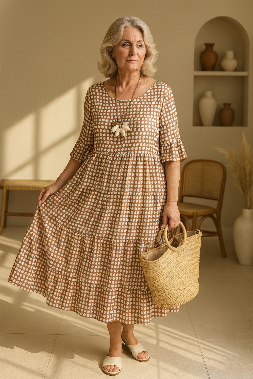 Sand-colored midi dress with short sleeves from Montaracrest, featuring a stylish and elegant design for sophisticated occasions.