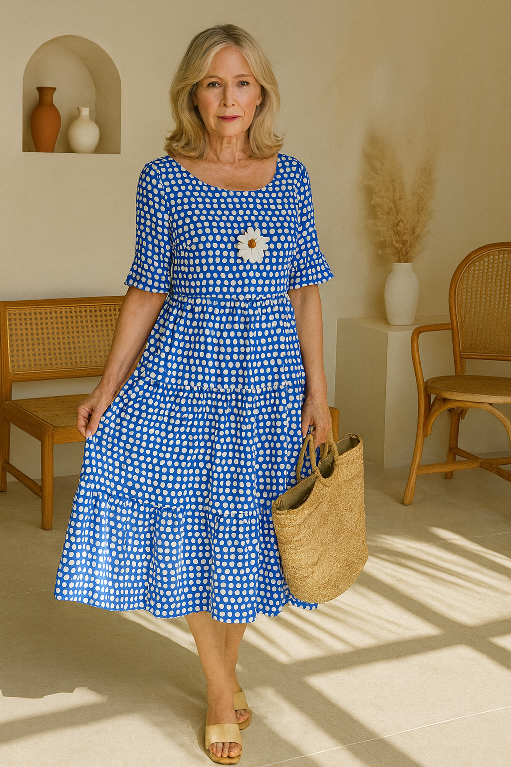 Light beige midi dress by Montaracrest with short sleeves, elegant and stylish for sophisticated occasions.