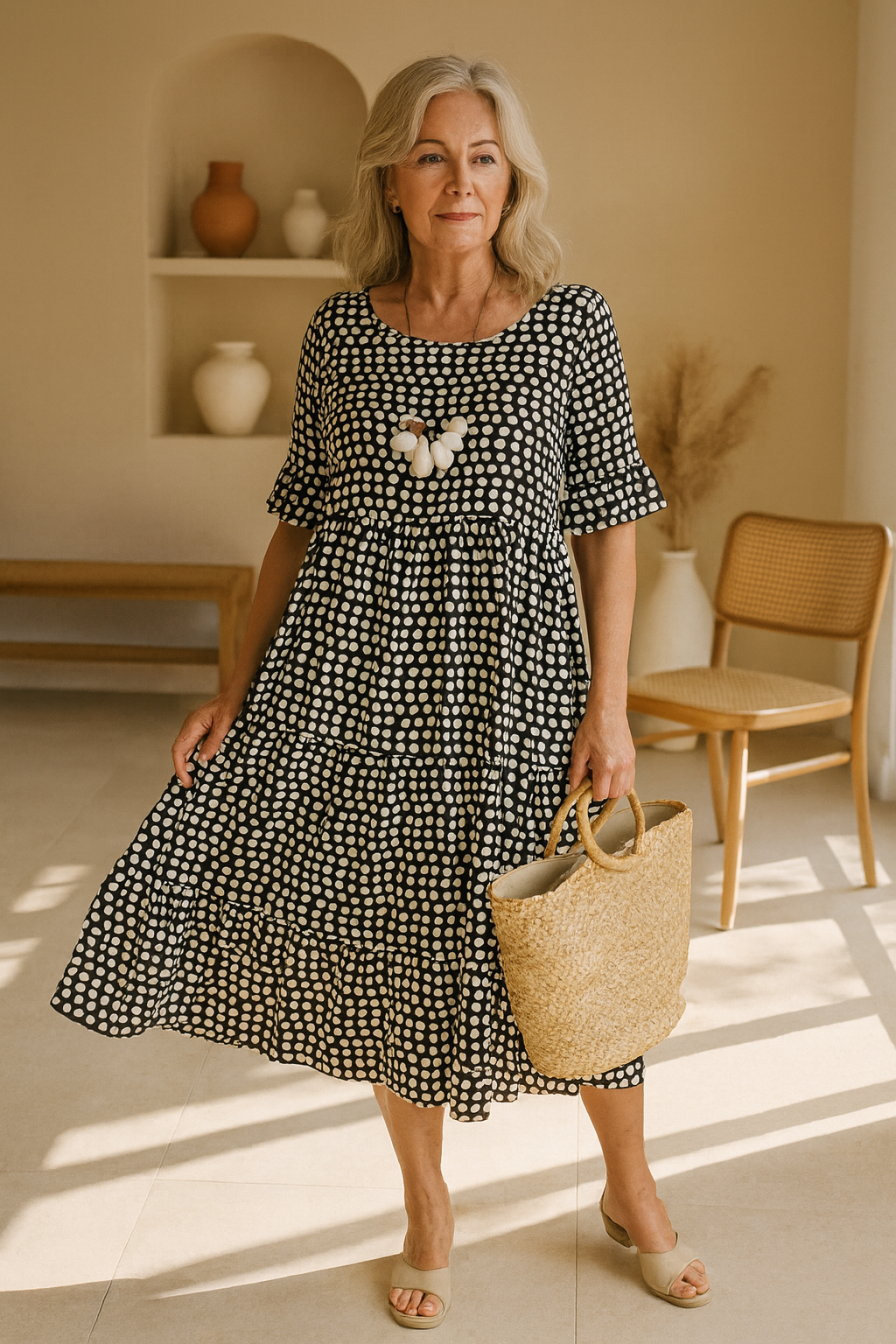 Sand-colored midi dress with short sleeves by Montaracrest, featuring an elegant, flowy design for sophisticated casual wear.