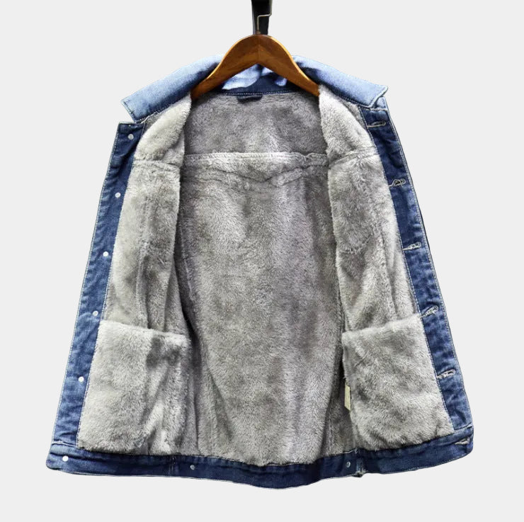 Montara & Crest denim jacket with warm fleece-lined interior, casual style, front pockets, and button closures.