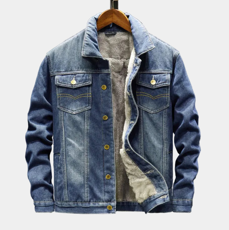 Montara & Crest denim jacket with warm fleece lining, casual style, shown on a model with front view and button closure.