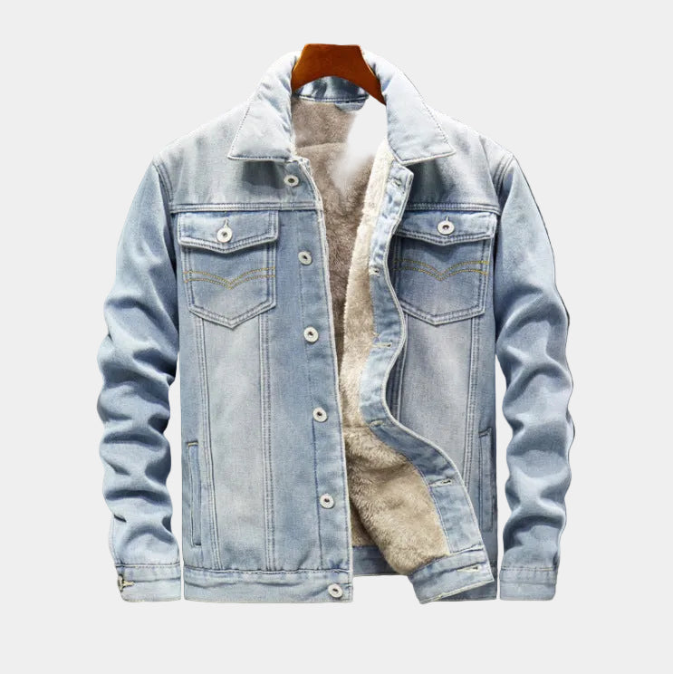 Montara & Crest denim jacket with warm fleece lining, casual outerwear for chilly weather, featuring classic denim style and cozy interior.