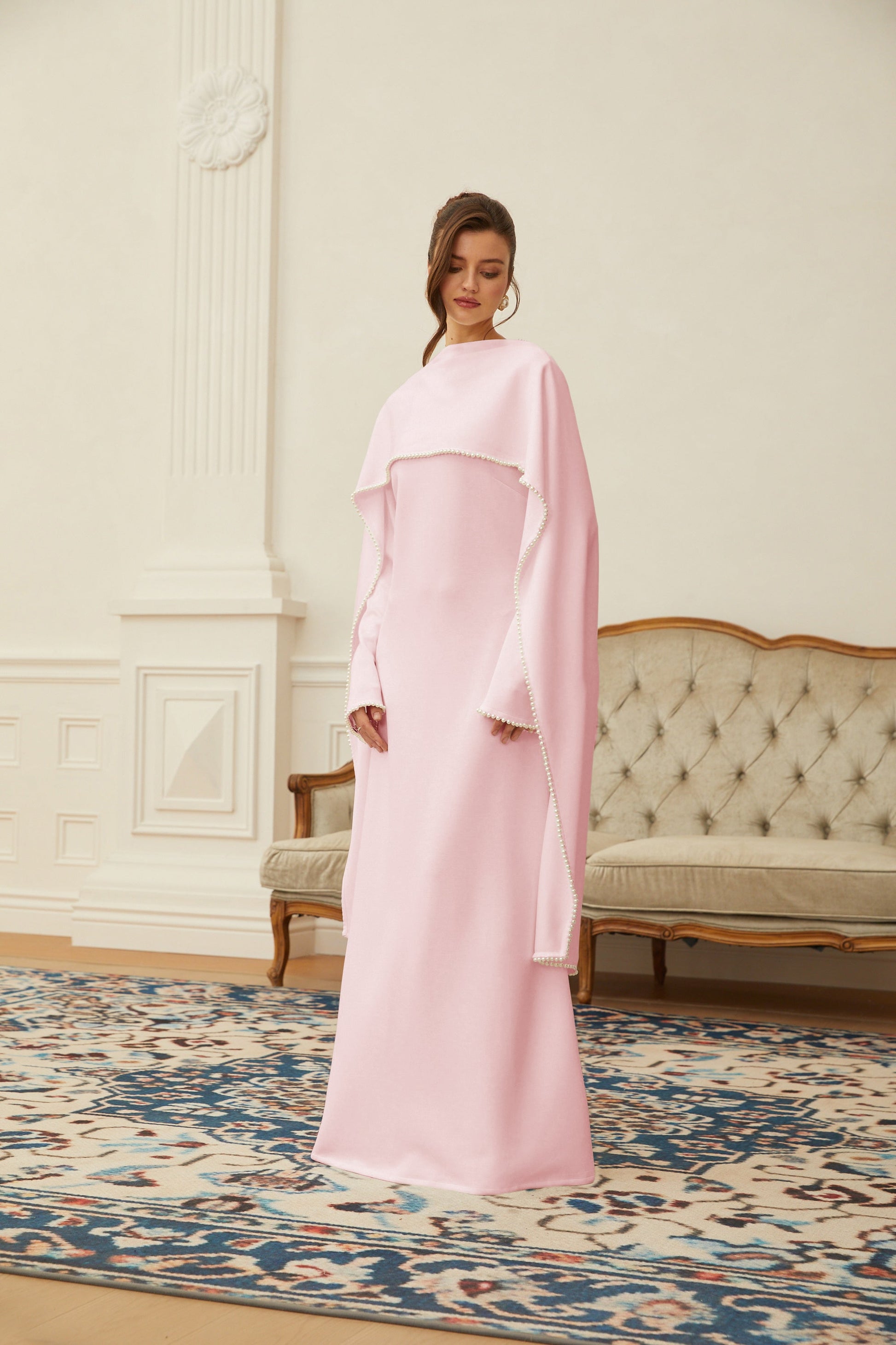 Montaracrest Piroska Pink Pearl Trim Shawl Detail Maxi Dress showing pink fabric with pearl accents and elegant shawl design.