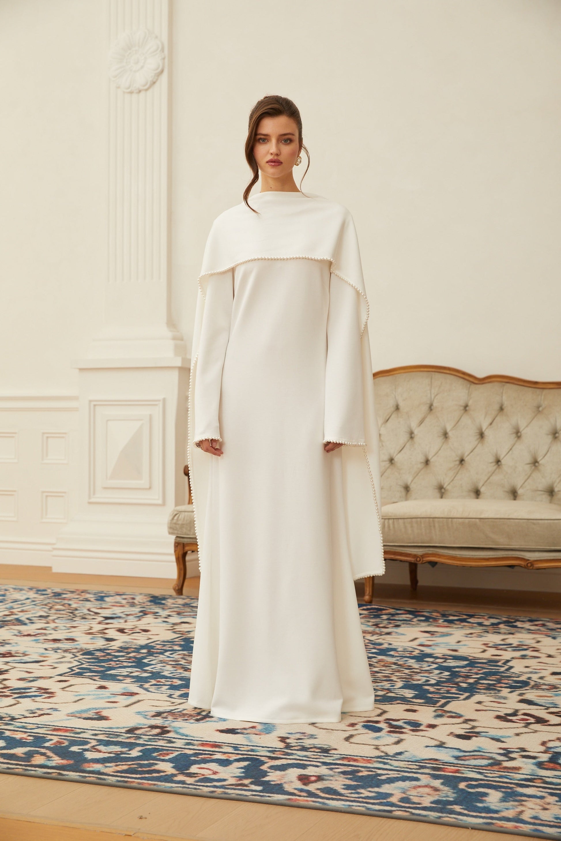 Piroska White Pearl Trim Shawl Detail Maxi Dress - Montaracrest