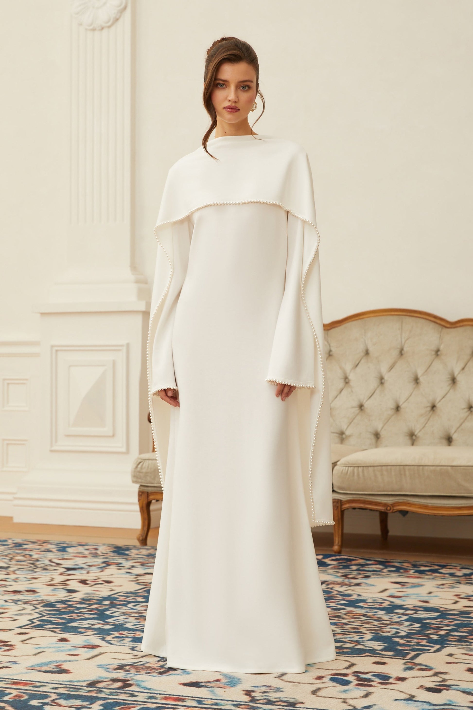 Piroska White Pearl Trim Shawl Detail Maxi Dress - Montaracrest