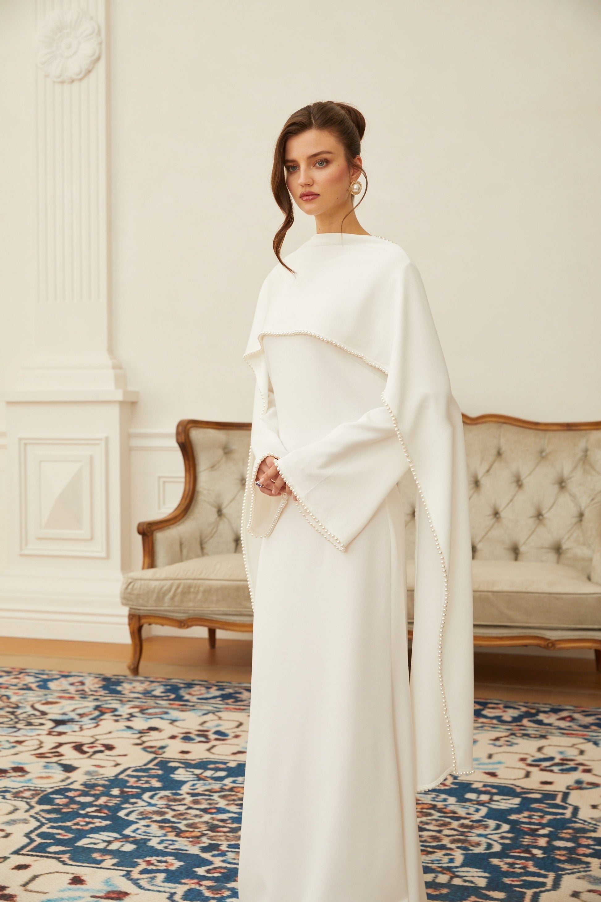Piroska White Pearl Trim Shawl Detail Maxi Dress - Montaracrest