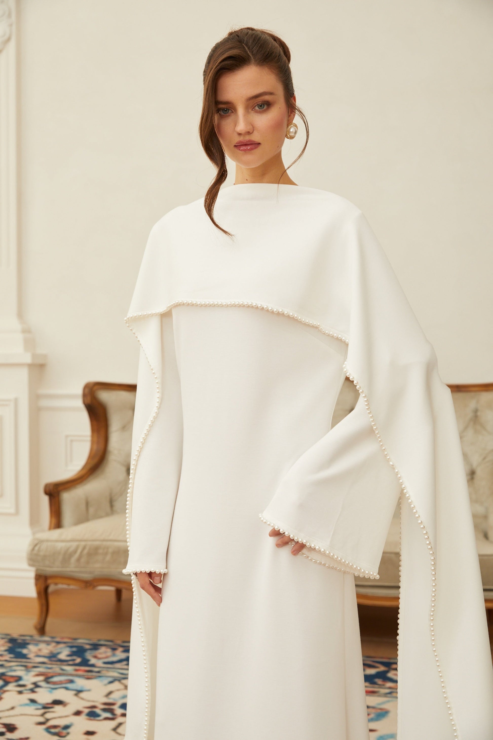 Piroska White Pearl Trim Shawl Detail Maxi Dress - Montaracrest