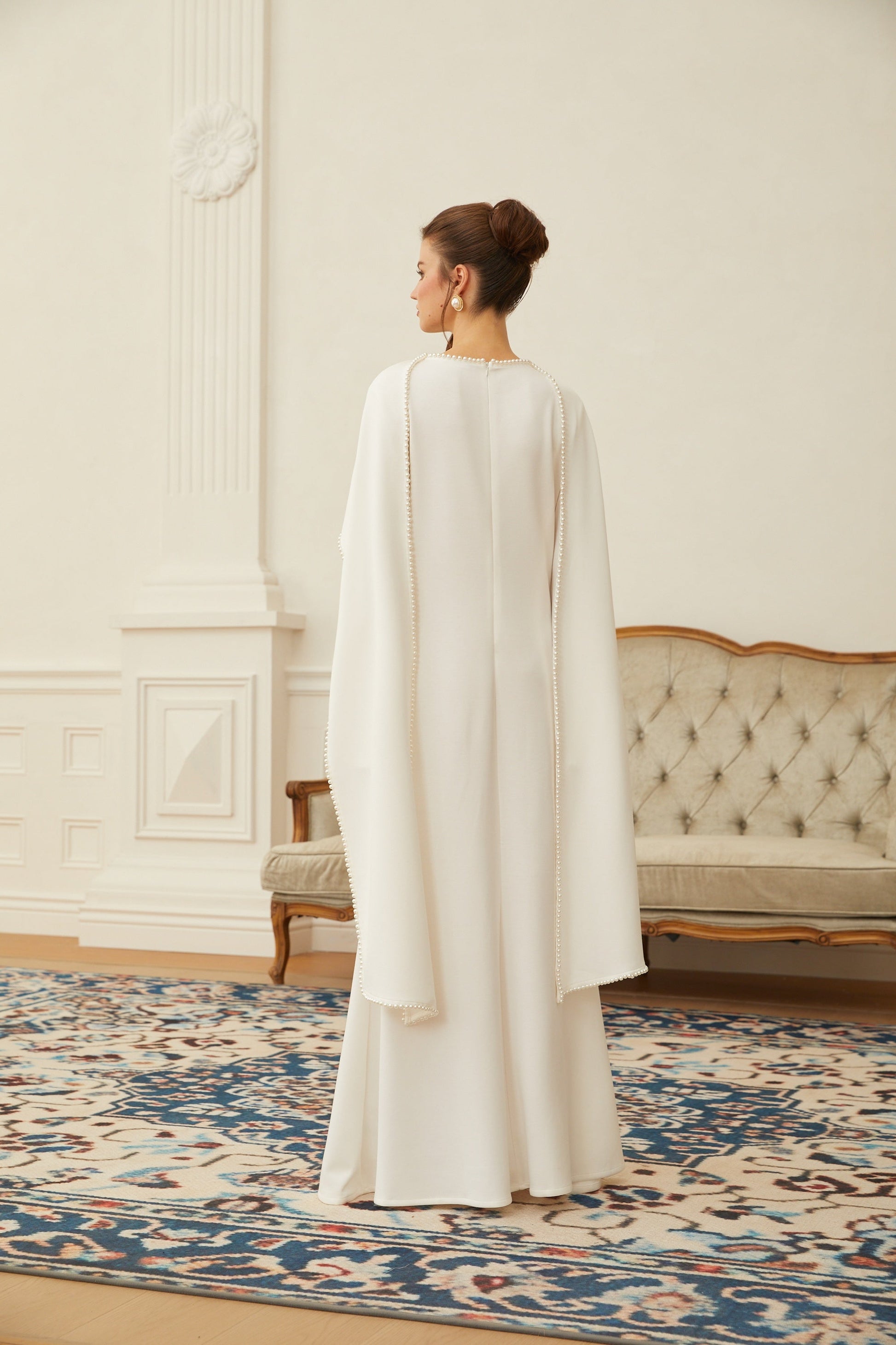 Piroska White Pearl Trim Shawl Detail Maxi Dress - Montaracrest