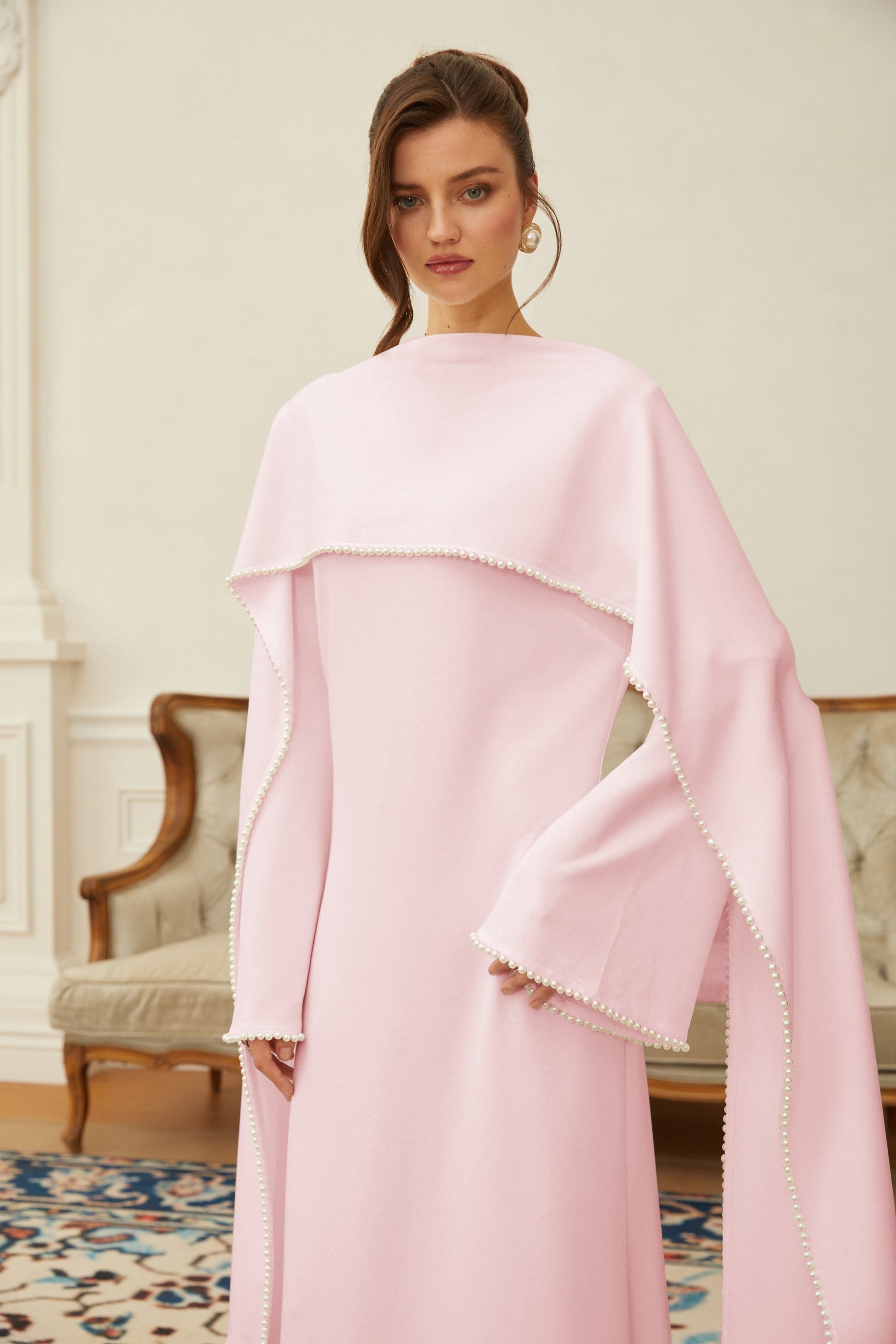 Piroska Pink Pearl Trim Shawl Detail Maxi Dress - Montaracrest