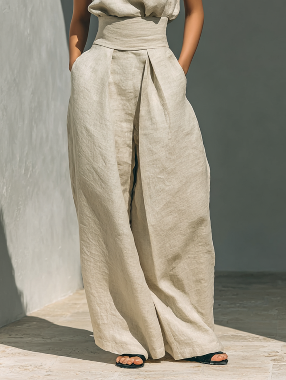 Woman wearing Montaracrest Maria minimalist cotton and linen tank top with wide-leg trousers, casual elegant summer outfit.