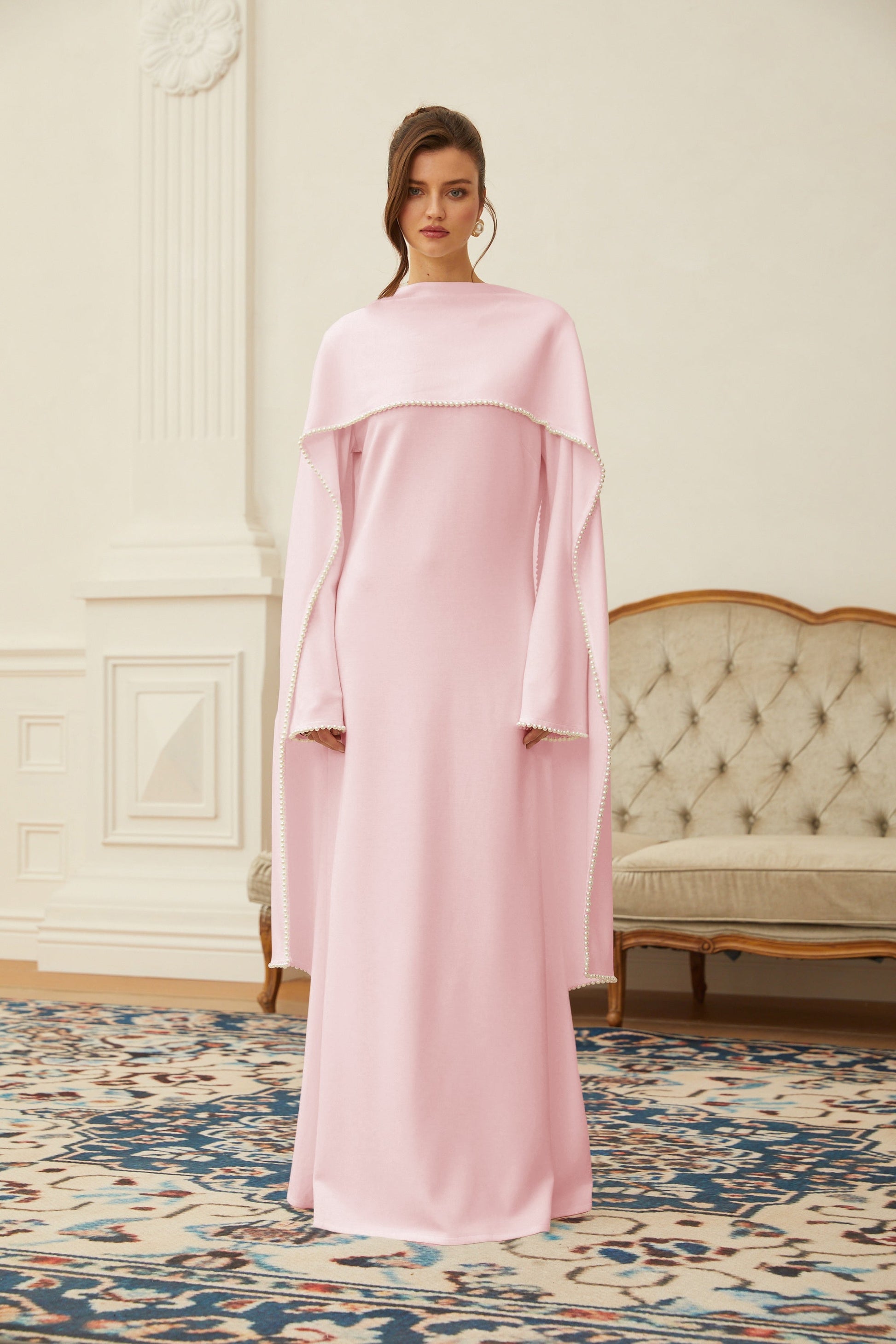 Piroska Pink Pearl Trim Shawl Detail Maxi Dress - Montaracrest