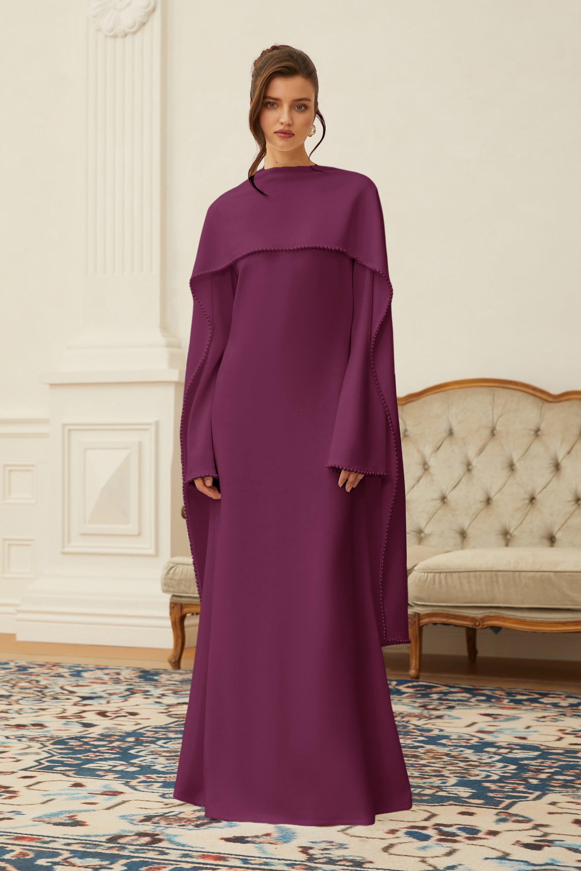 Piroska Purple Pearl Trim Shawl Detail Maxi Dress - Montaracrest