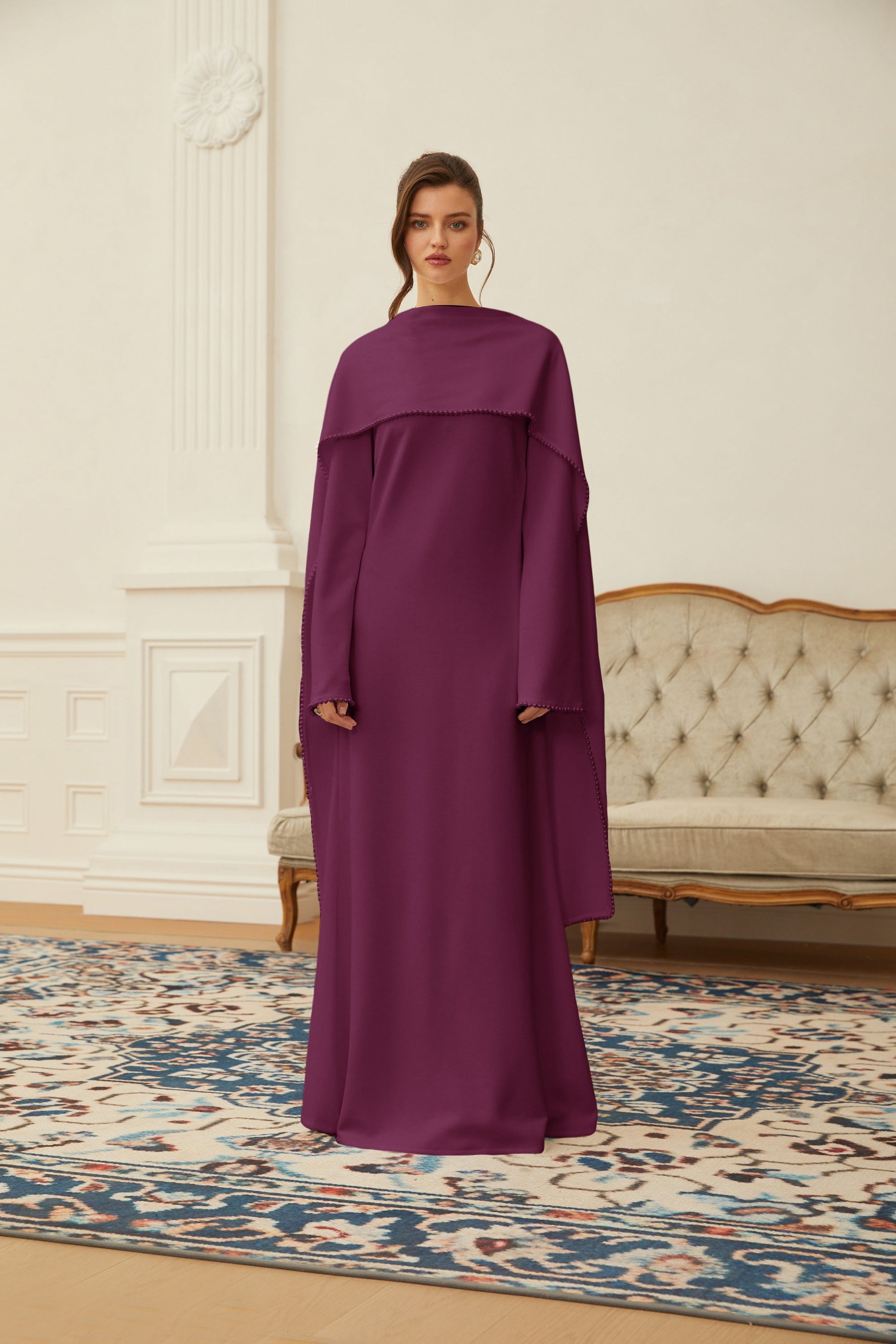 Piroska Purple Pearl Trim Shawl Detail Maxi Dress - Montaracrest