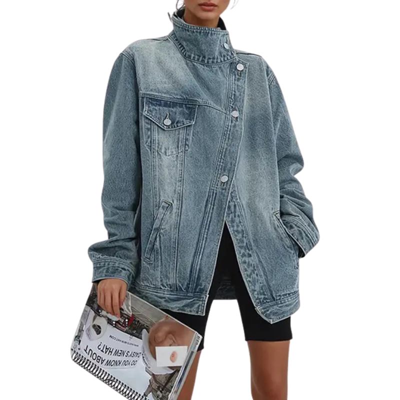SKYE™ – Giacca Asimmetrica con Collo Alto in Denim Lavato Vintage