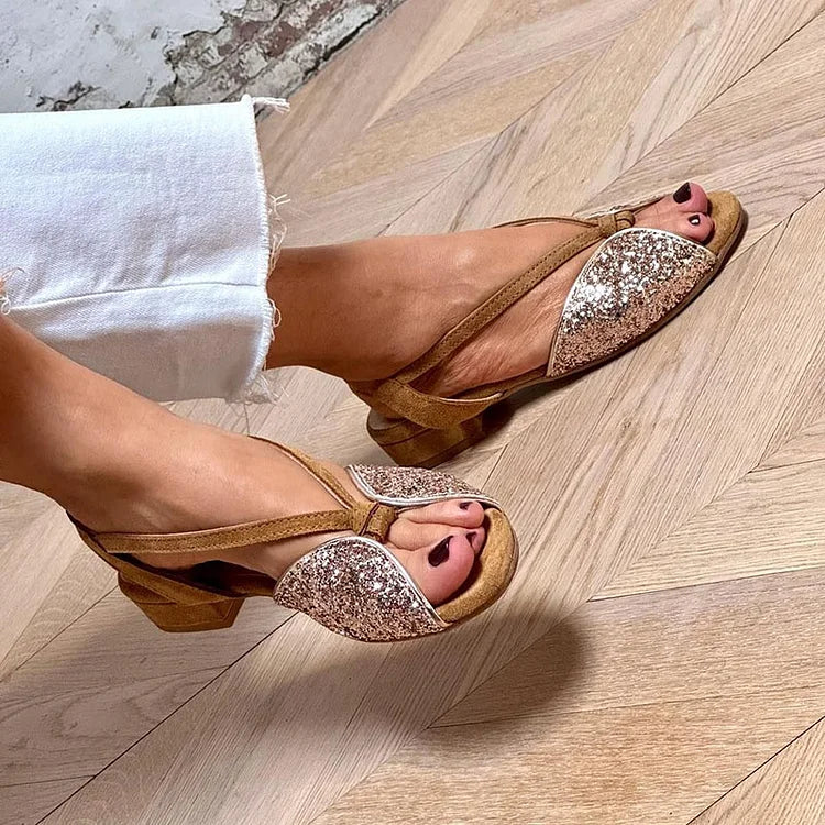 Sparkling glitter low-heel sandal by Montaracrest, featuring a stylish design and comfortable fit.