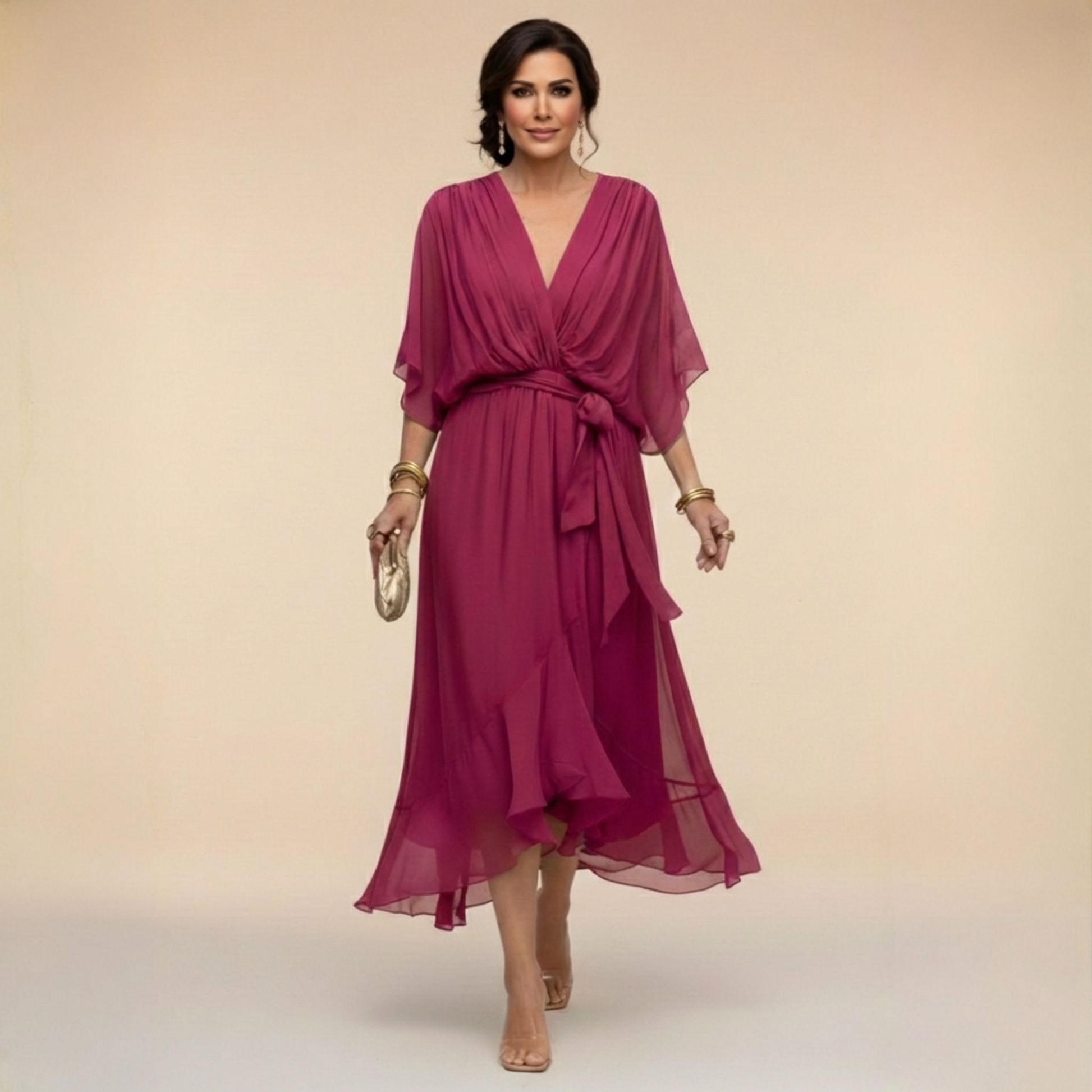 Montaracrest Monica chiffon dress with a V-neckline, flowing fabric, and elegant design, styled for a sophisticated look.