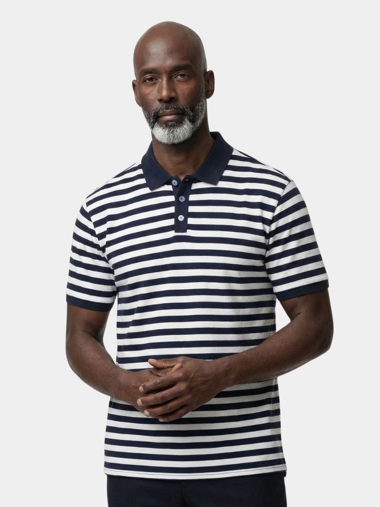 Montaracrest Polo Elegante Riviera in navy with white collar and logo, tailored fit, short sleeves, casual yet refined style.
