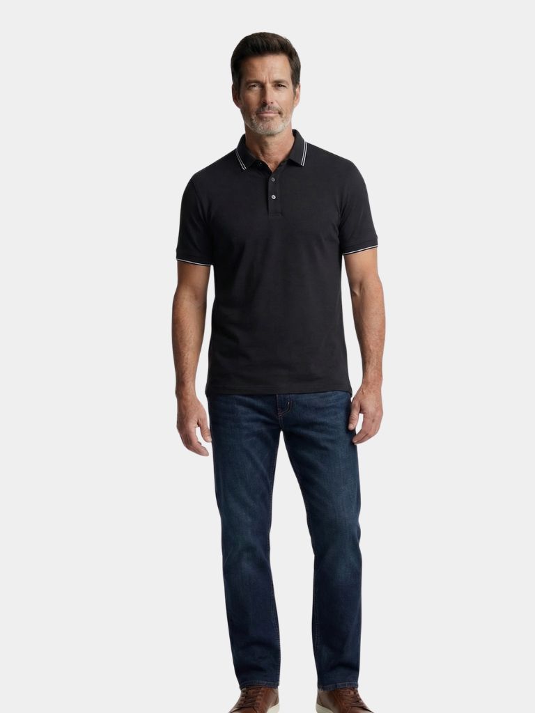 Montaracrest Polo con Rifinitura Obsidiana, men's casual polo shirt with detailed black finish, short sleeves, and classic collar.