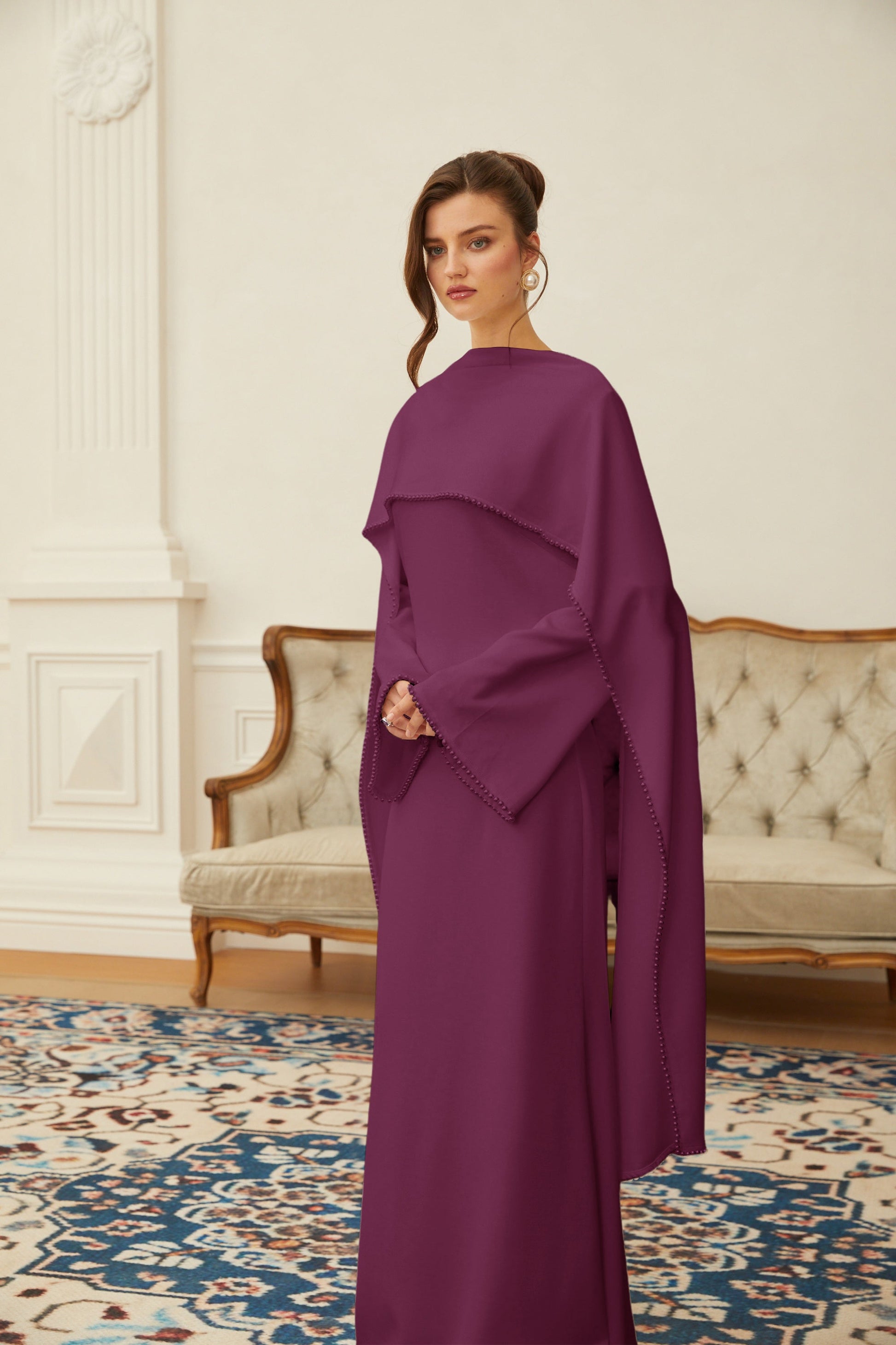 Montaracrest Piroska Purple Pearl Trim Shawl Detail Maxi Dress with elegant flowy fabric and intricate pearl embellishments.