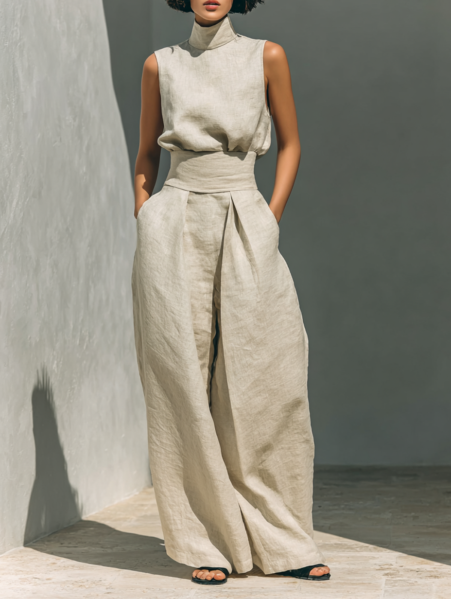 Montaracrest Maria women's minimalist cotton and linen tank top and wide-leg pants set, natural and comfortable for everyday wear.