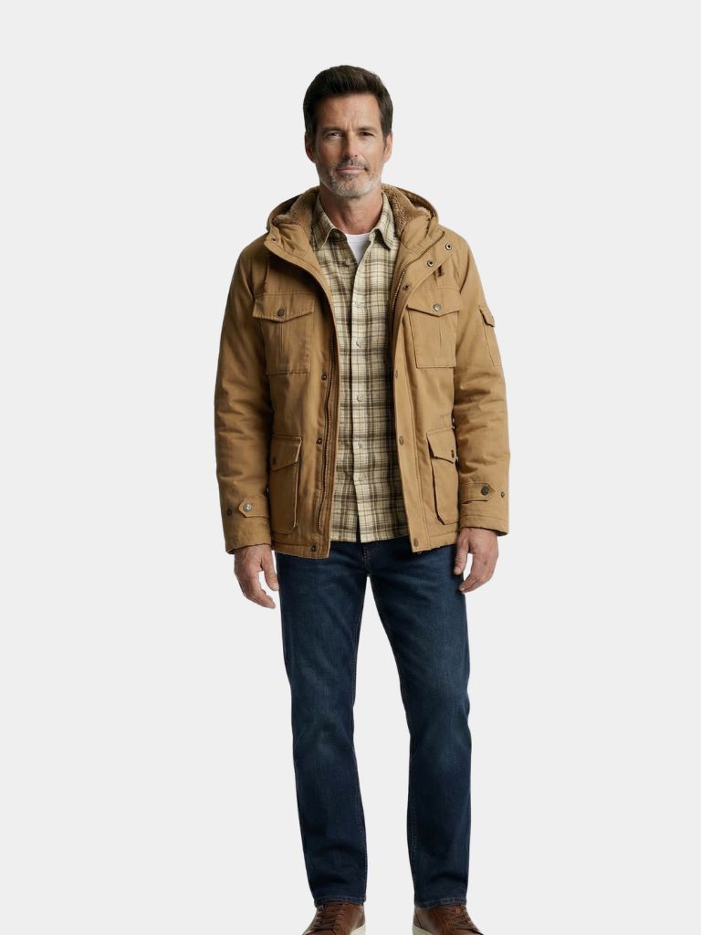 Montaracrest fleece bomber jacket with hood, stylish and warm, shown in a casual outdoor setting.