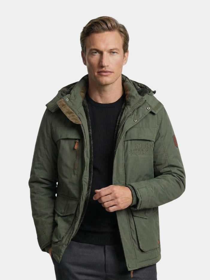 Montaracrest military-style jacket with hood, featuring tactical design and durable fabric, suitable for casual or outdoor wear.
