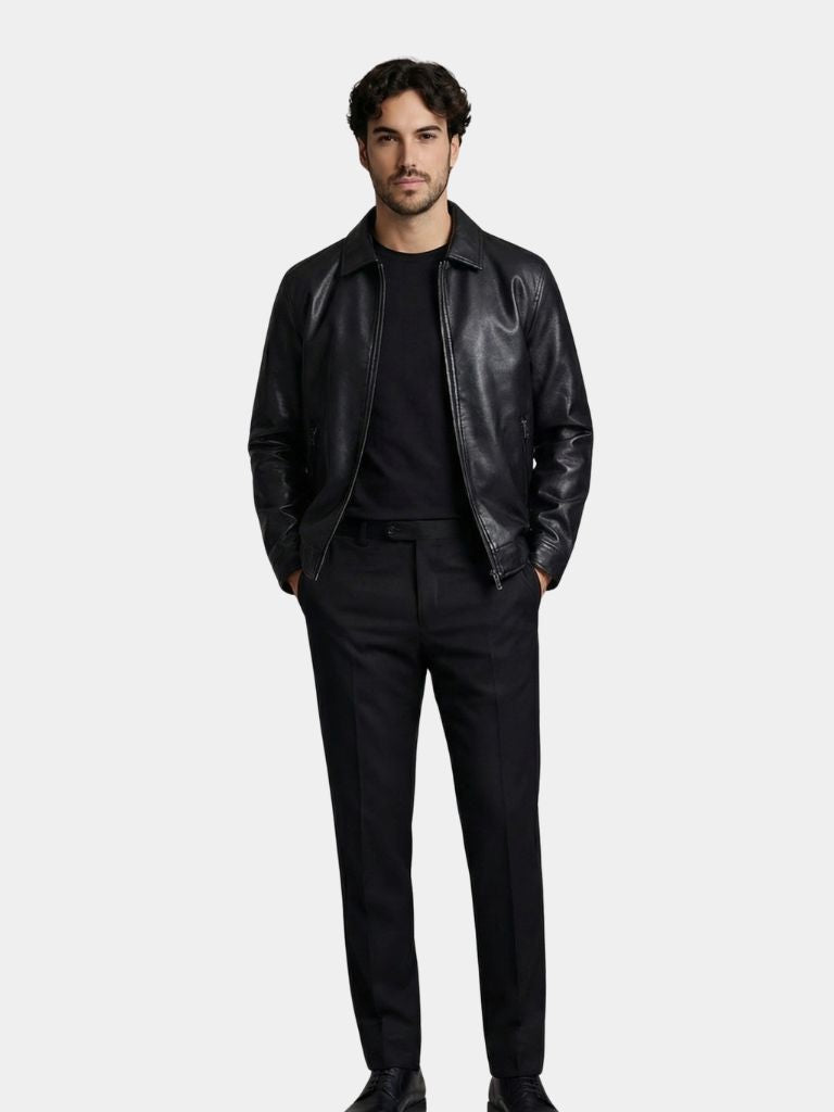 Montaracrest Denver leather jacket, men's stylish black jas with detailed stitching and a front zipper, full view.