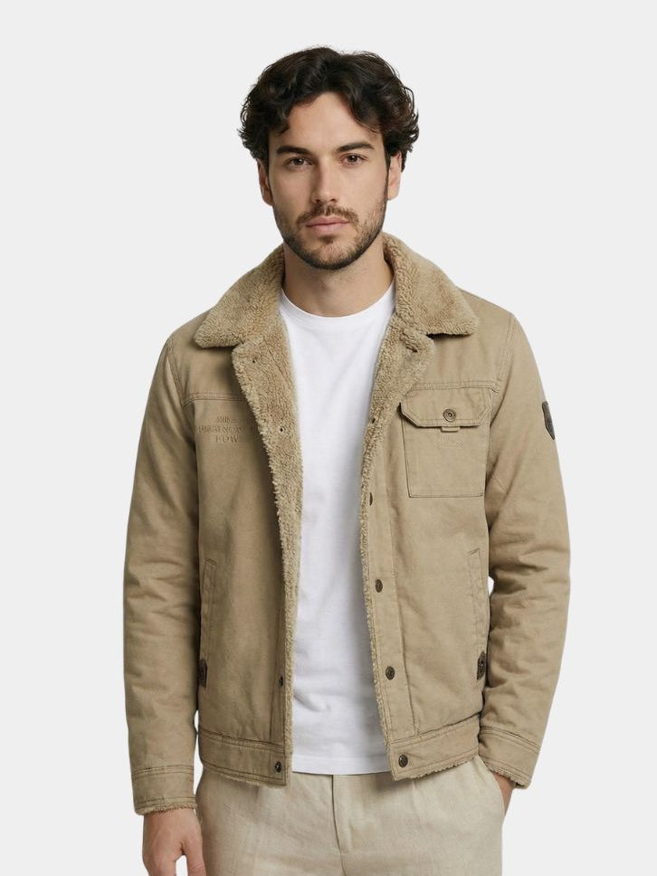 Vintage military aviator jacket by Montaracrest, rugged brown military-style bomber jacket with front pockets and ribbed cuffs.