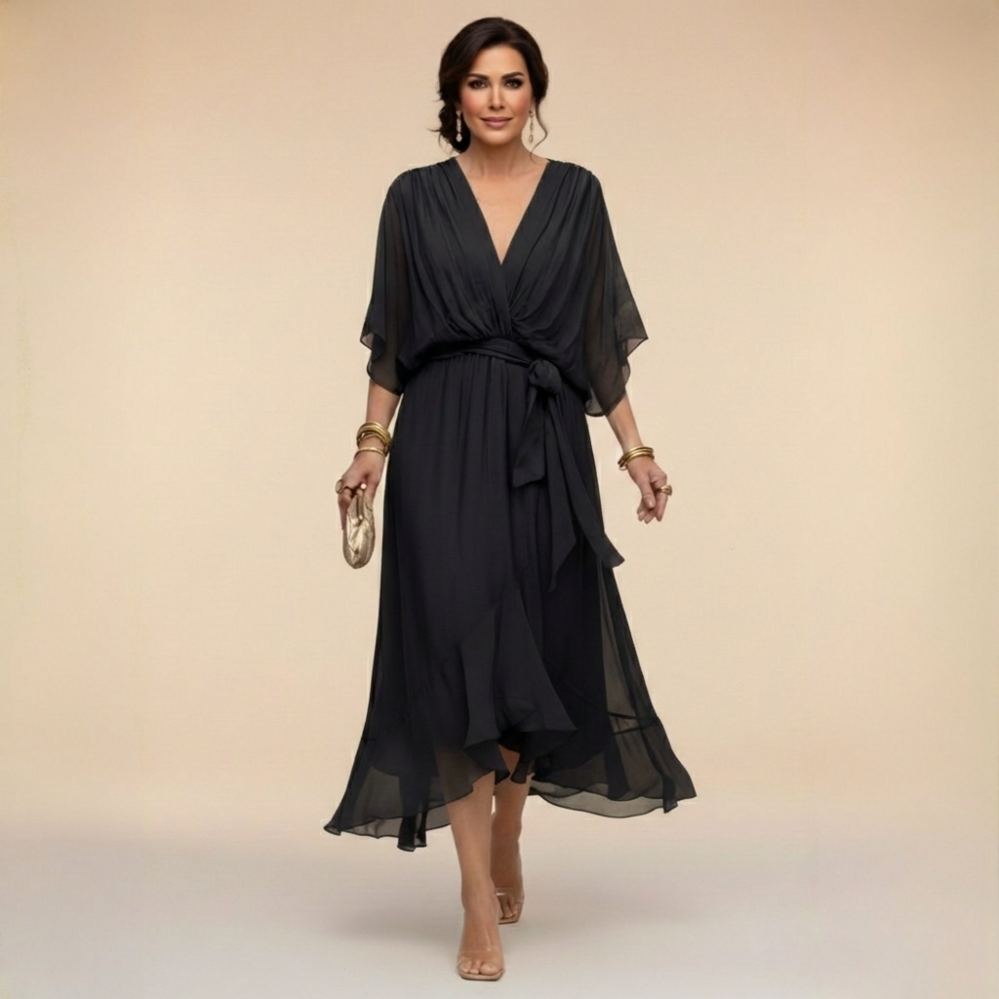 Montaracrest Monica chiffon dress with a V-neckline, flowing fabric, and elegant design, perfect for formal occasions.